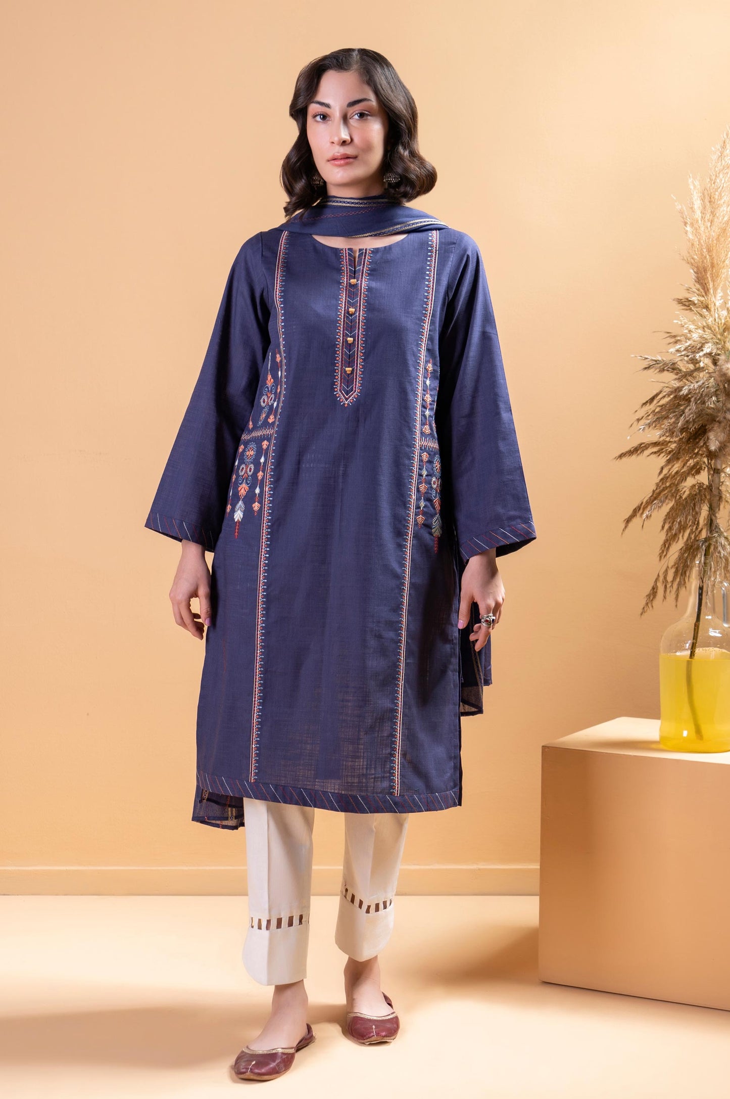 Stitched 2 Piece Embroidered Cotton Slub Shirt With Dupatta