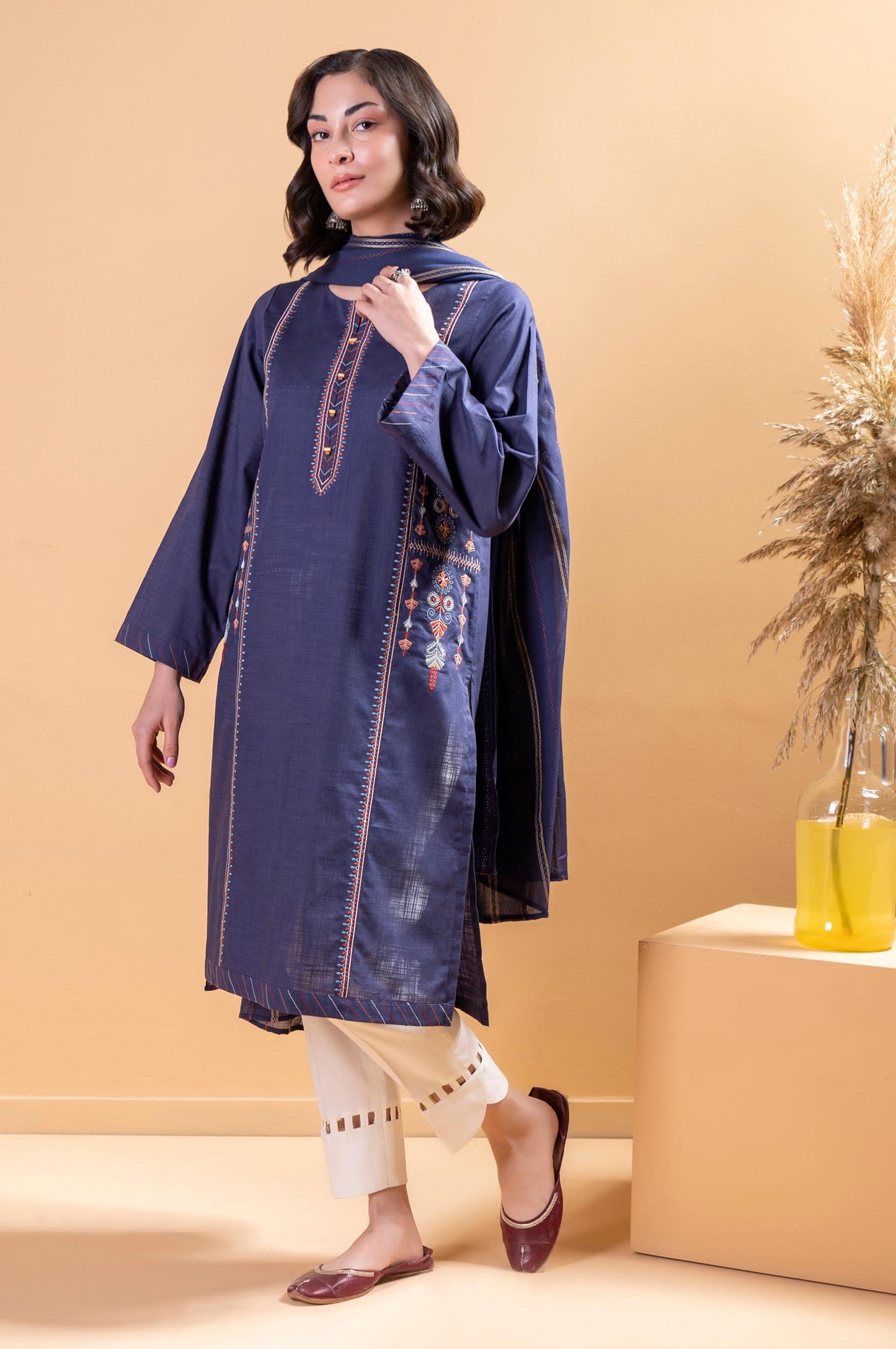 Stitched 2 Piece Embroidered Cotton Slub Shirt With Dupatta