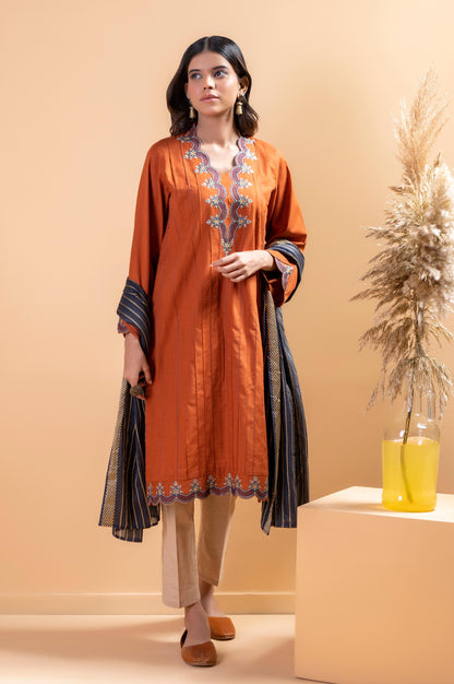Stitched 2 Piece Embroidered Cotton Slub Shirt With Dupatta