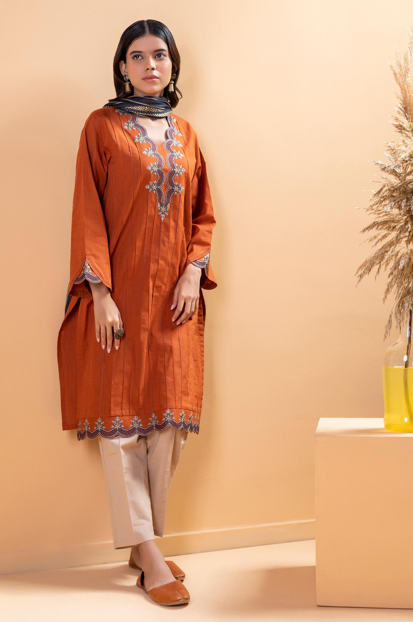 Stitched 2 Piece Embroidered Cotton Slub Shirt With Dupatta