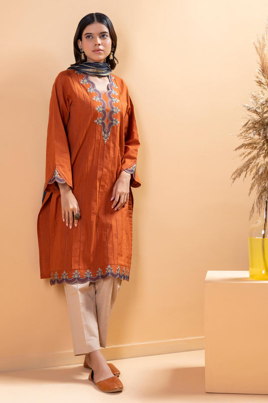Stitched 2 Piece Embroidered Cotton Slub Shirt With Dupatta