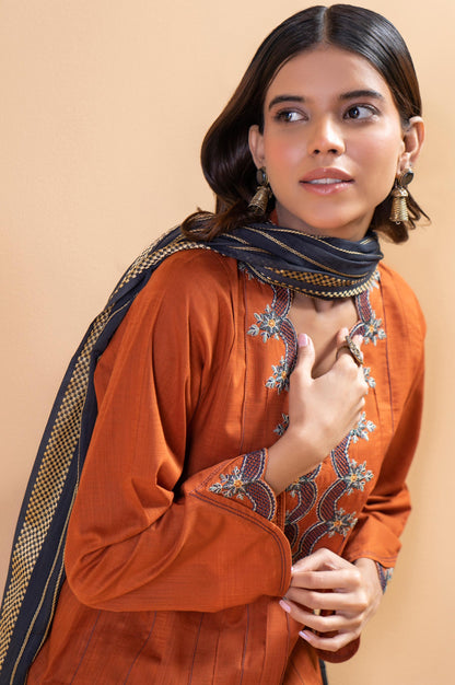 Stitched 2 Piece Embroidered Cotton Slub Shirt With Dupatta