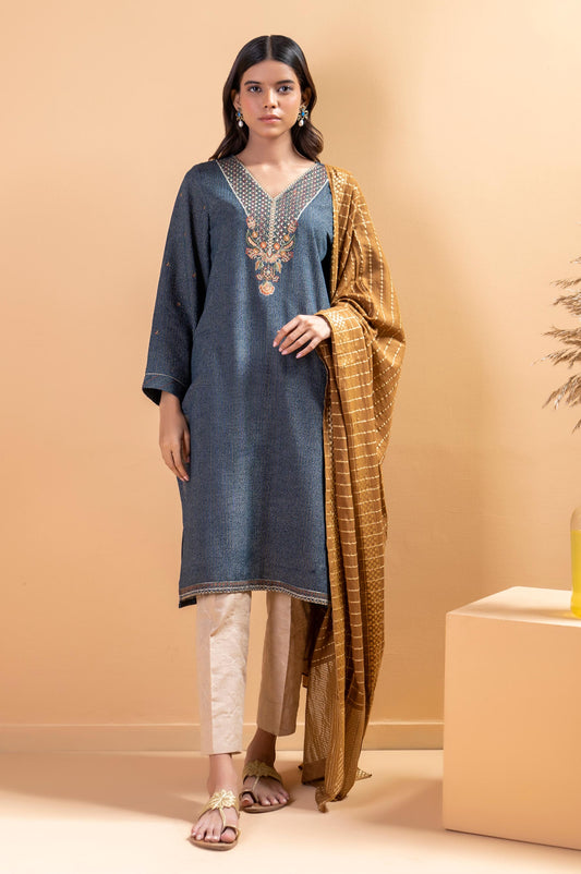 Stitched 2 Piece Embroidered Striped Karandi Shirt With Dupatta