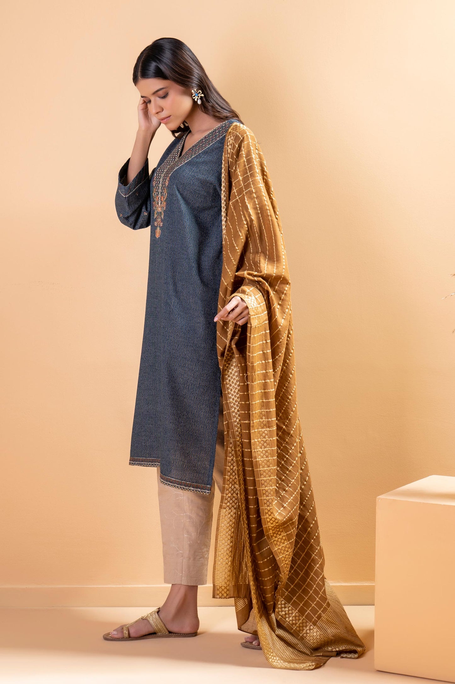Stitched 2 Piece Embroidered Striped Karandi Shirt With Dupatta