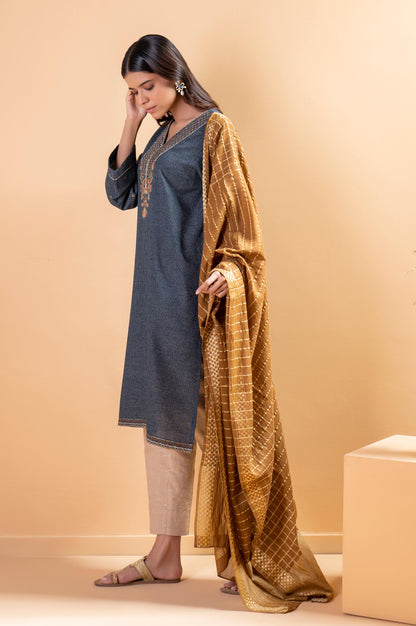 Stitched 2 Piece Embroidered Striped Karandi Shirt With Dupatta
