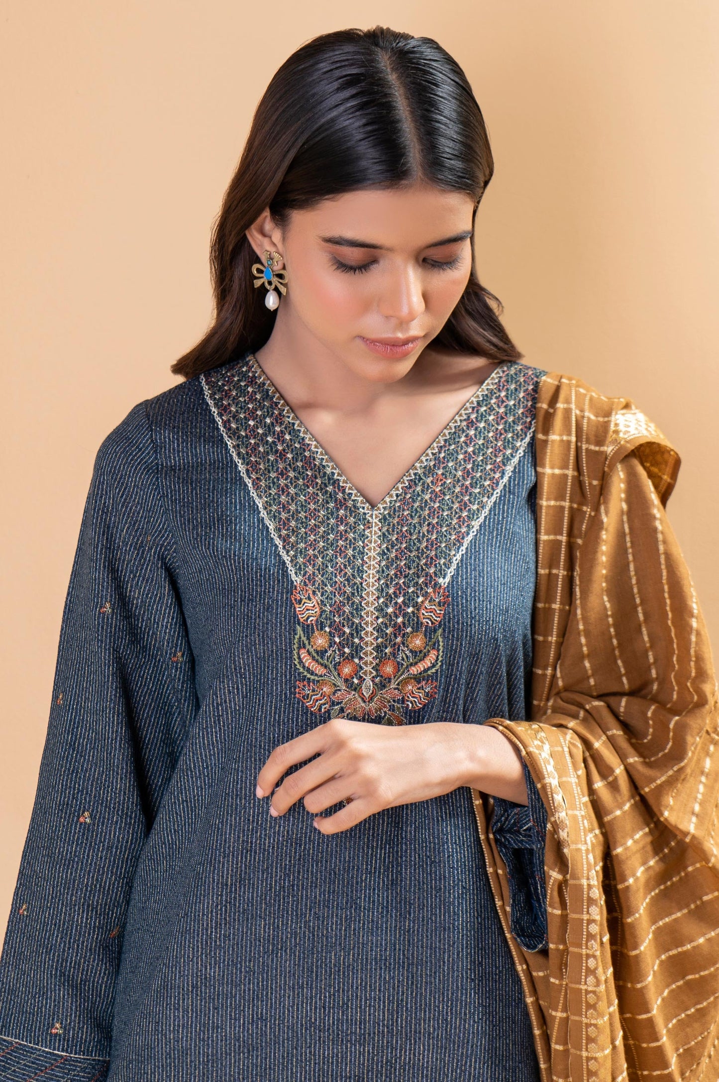 Stitched 2 Piece Embroidered Striped Karandi Shirt With Dupatta