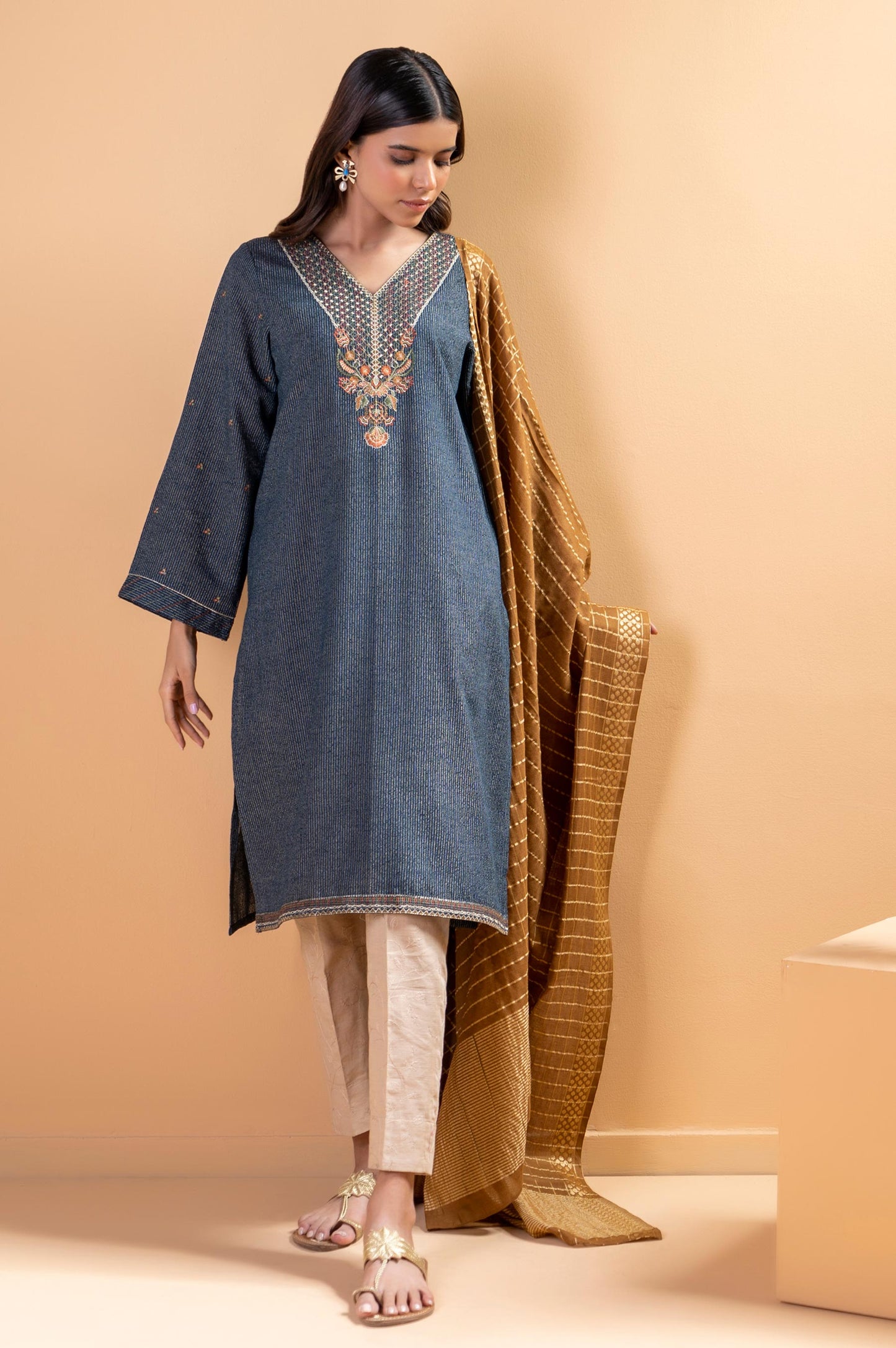 Stitched 2 Piece Embroidered Striped Karandi Shirt With Dupatta