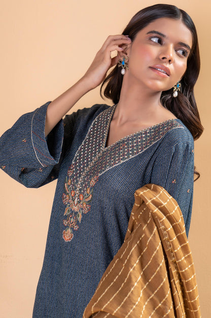 Stitched 2 Piece Embroidered Striped Karandi Shirt With Dupatta