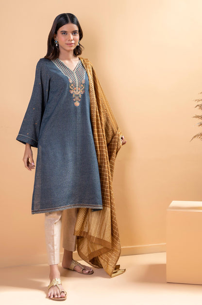 Stitched 2 Piece Embroidered Striped Karandi Shirt With Dupatta