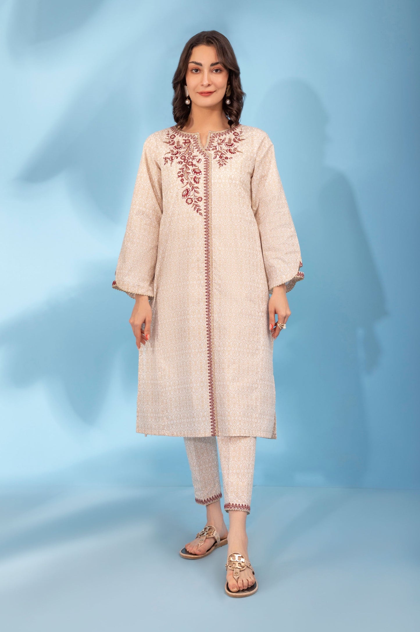 Stitched 2 Piece Embroidered Gold Paste Suit