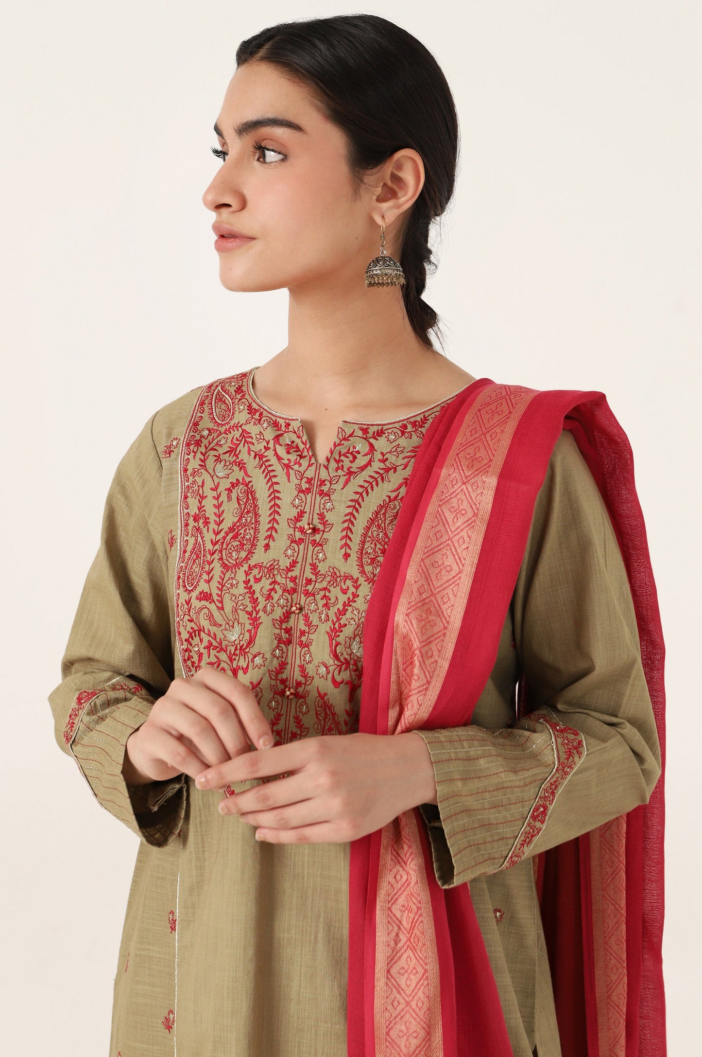 Stitched 2 Piece Embroidered Cotton Slub Suit