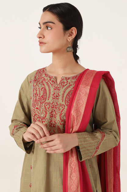 Stitched 2 Piece Embroidered Cotton Slub Suit