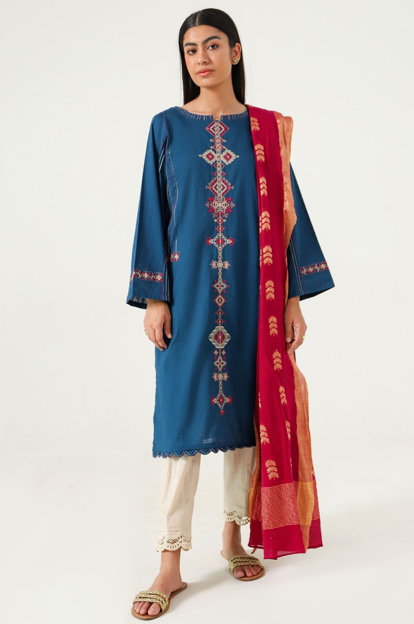 Stitched 2 Piece Embroidered Cotton Slub Suit