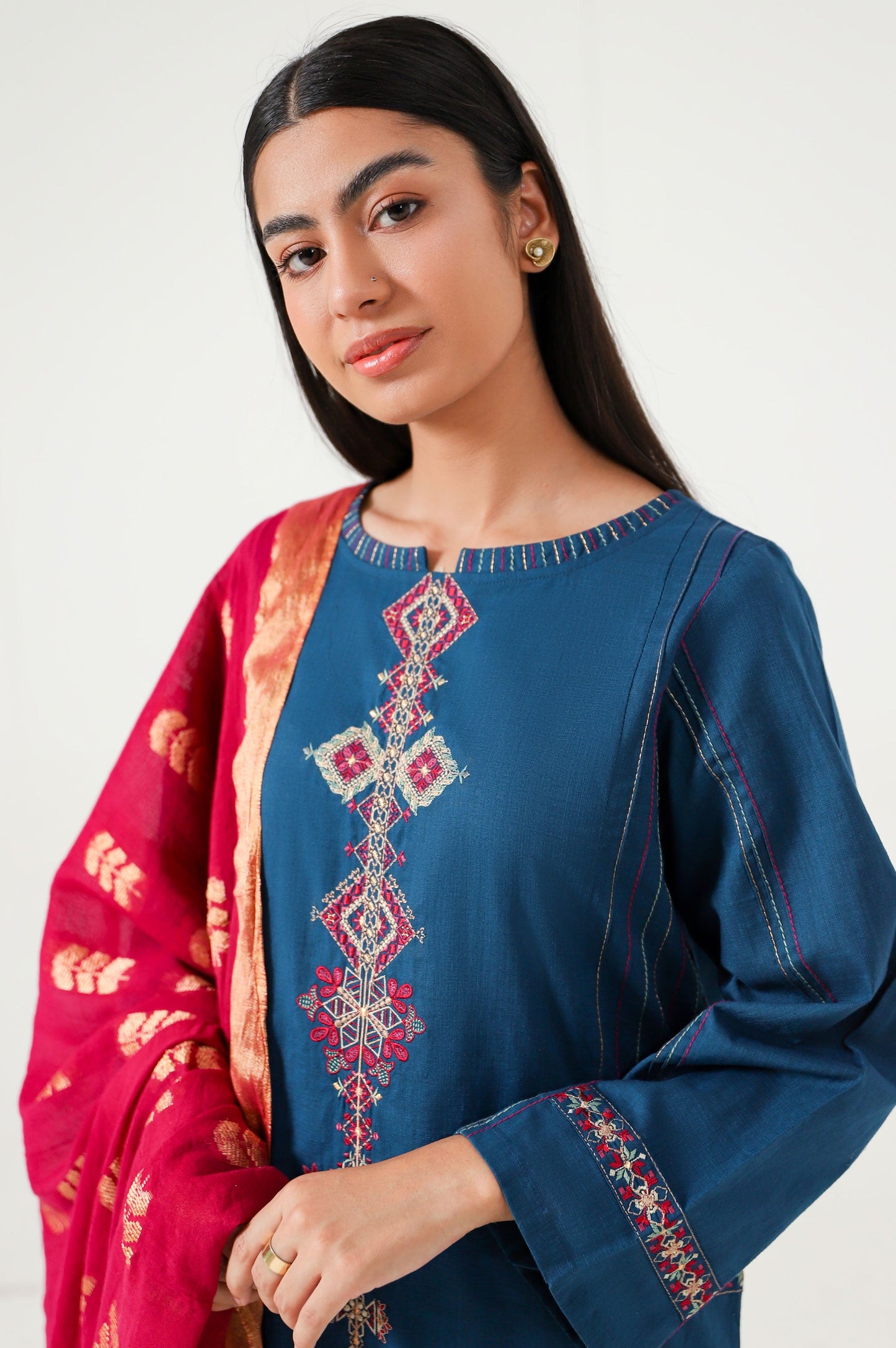 Stitched 2 Piece Embroidered Cotton Slub Suit