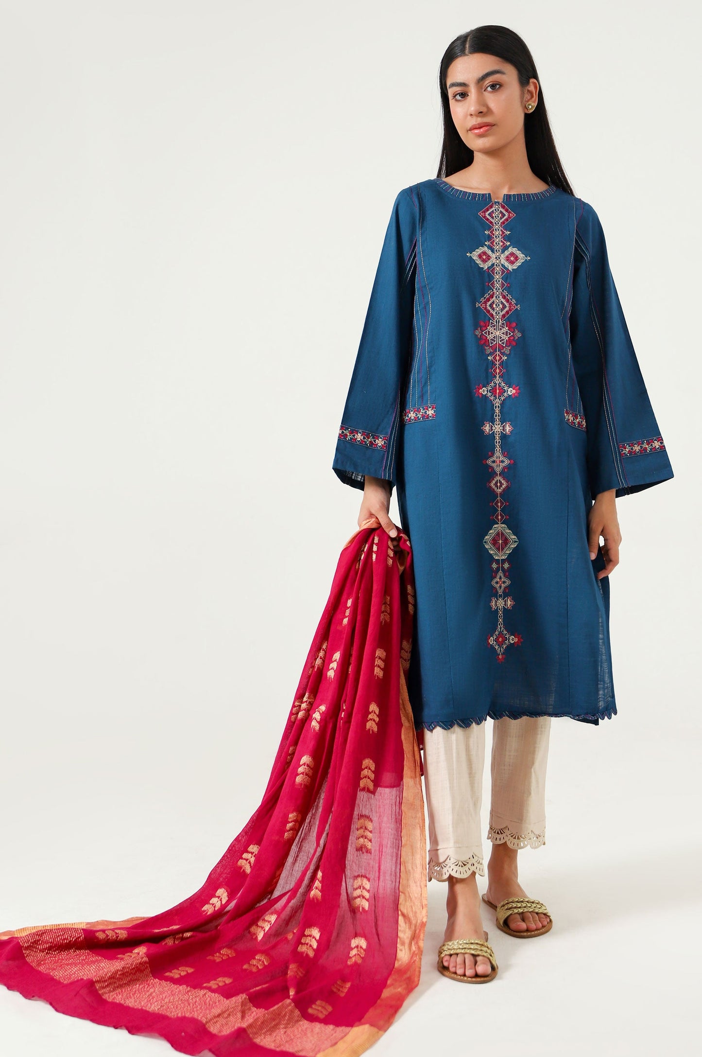 Stitched 2 Piece Embroidered Cotton Slub Suit