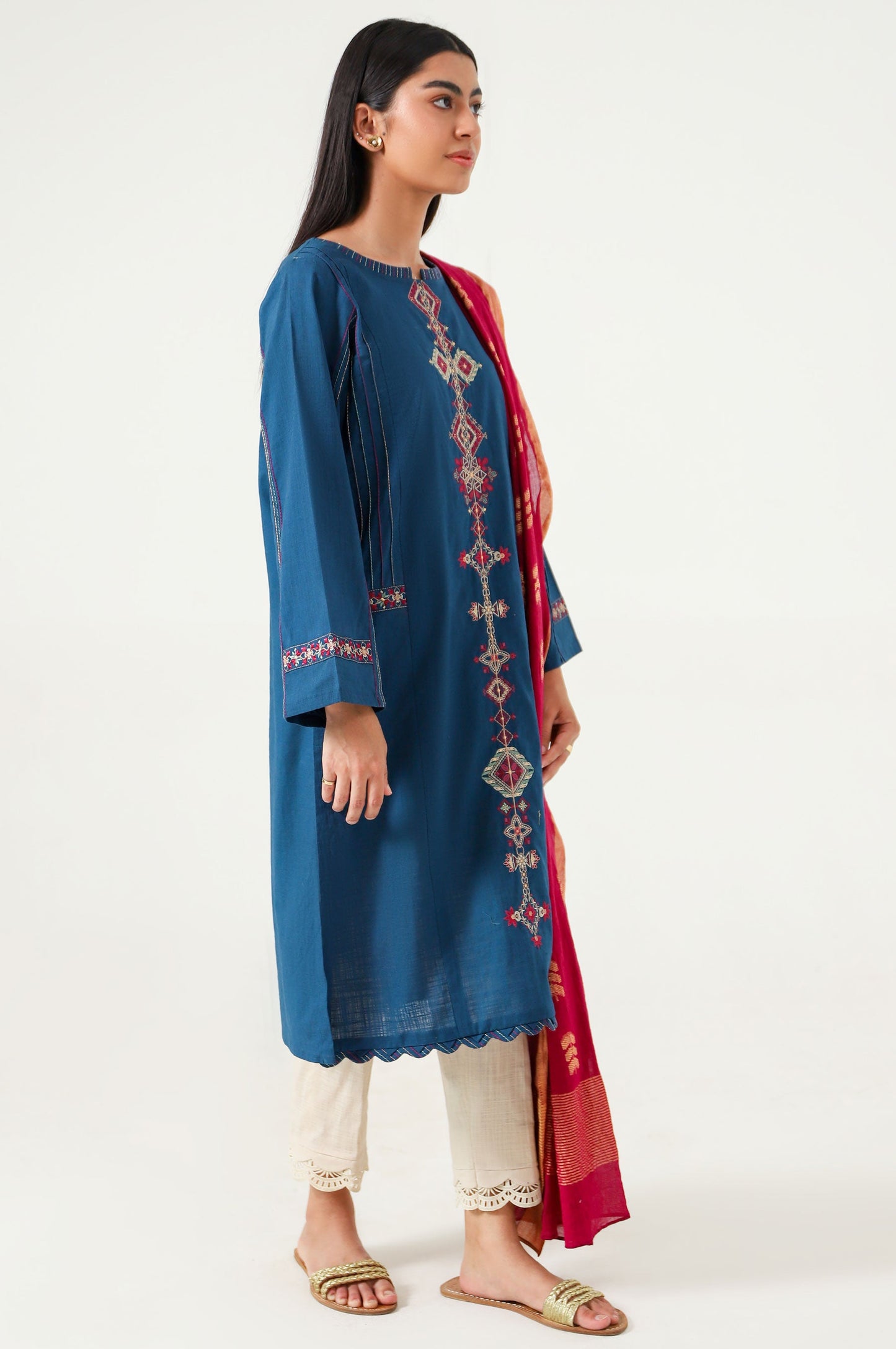 Stitched 2 Piece Embroidered Cotton Slub Suit