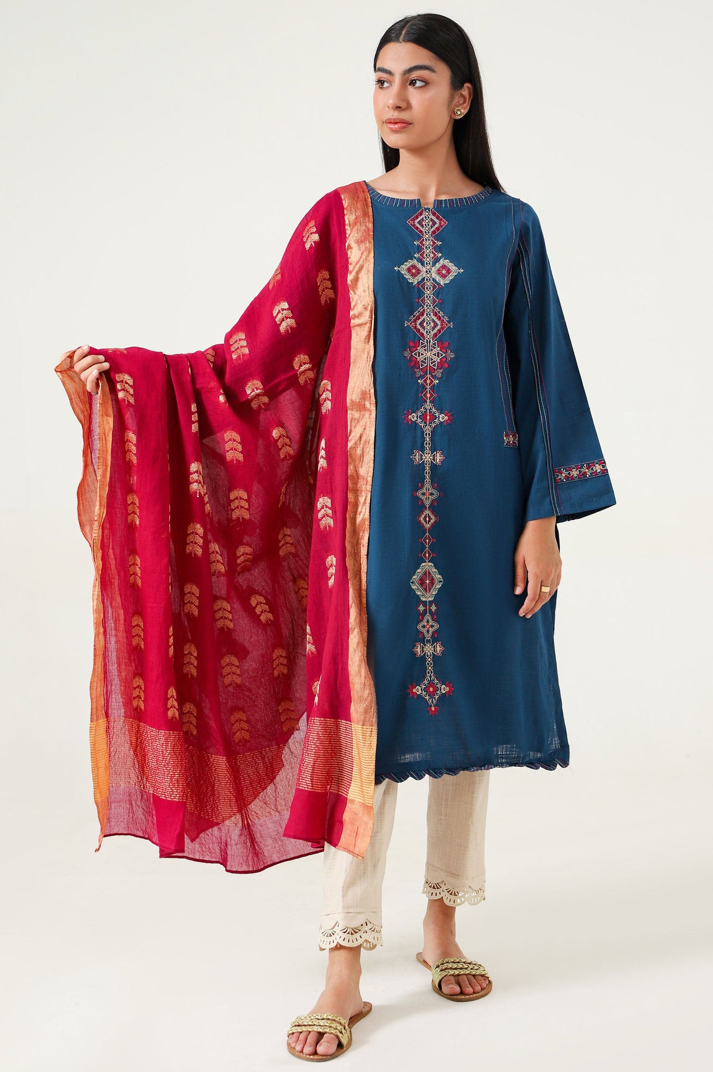 Stitched 2 Piece Embroidered Cotton Slub Suit