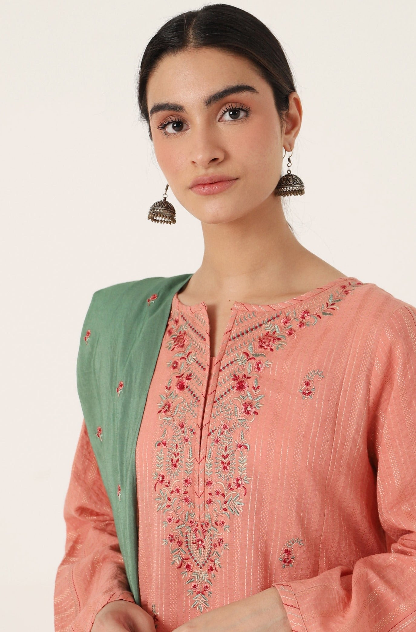 Stitched 2 Piece Embroidered Zari Line Shirt & Dupatta