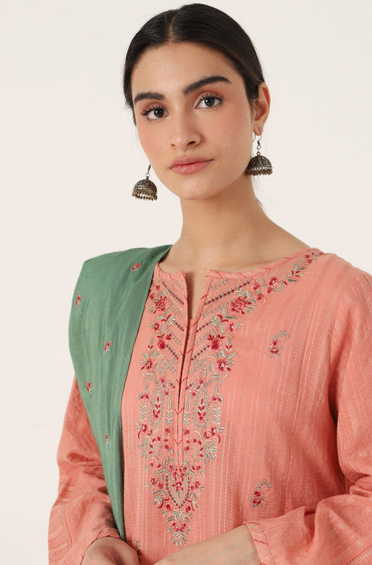 Stitched 2 Piece Embroidered Zari Line Shirt & Dupatta