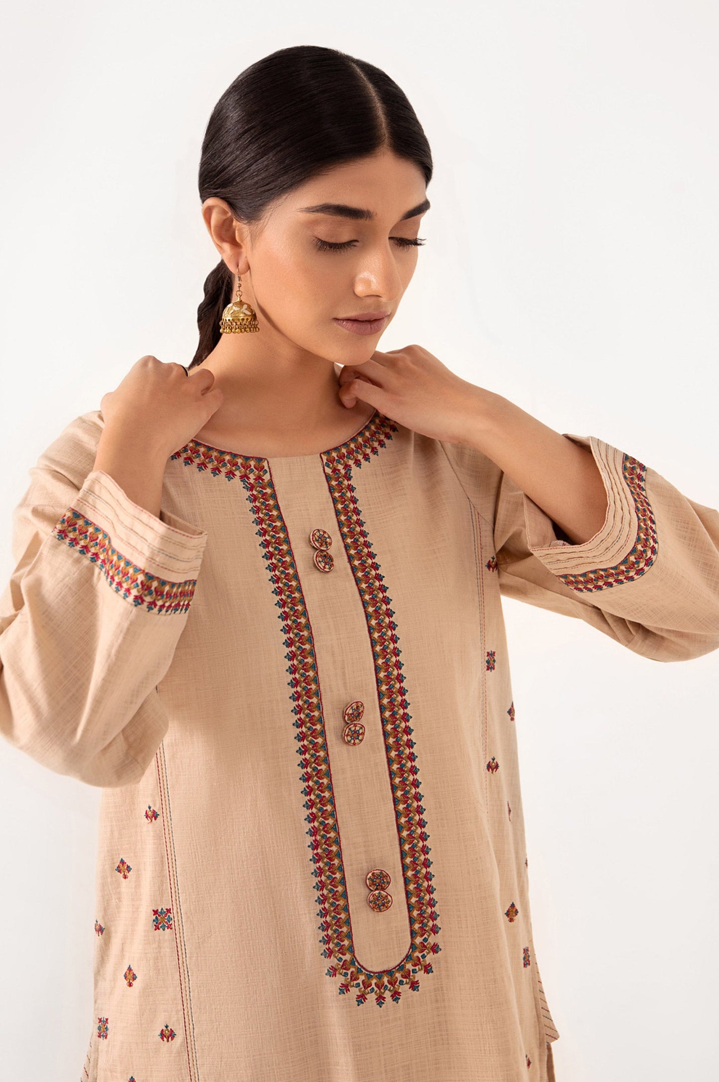 Stitched 2 Piece Embroidered Cotton Slub Suit