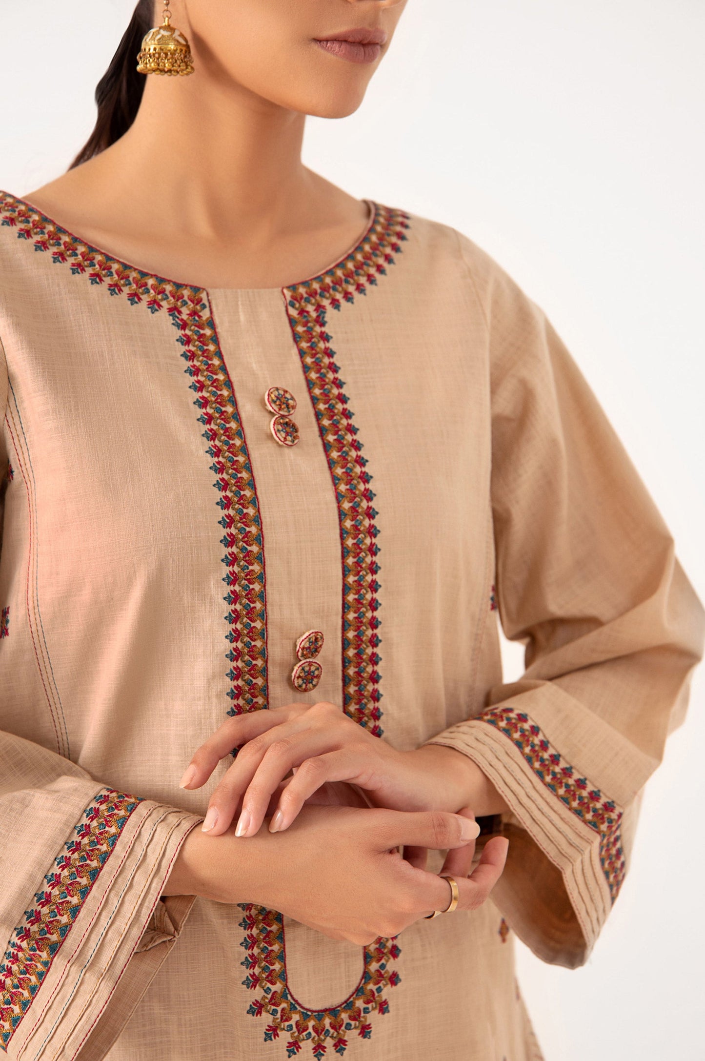 Stitched 2 Piece Embroidered Cotton Slub Suit