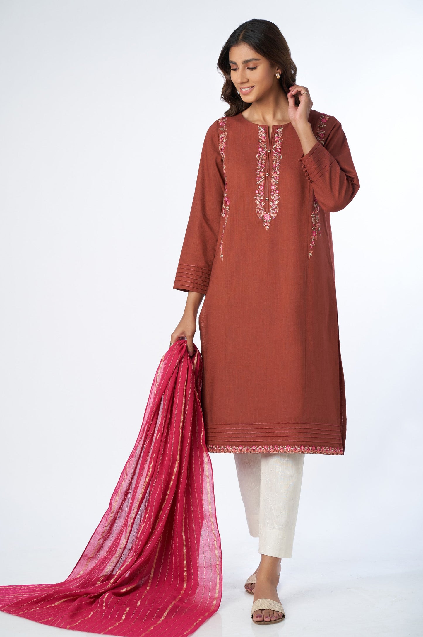 Stitched 2 Piece Cotton Slub shirt & Stipes Jacquard Dupatta