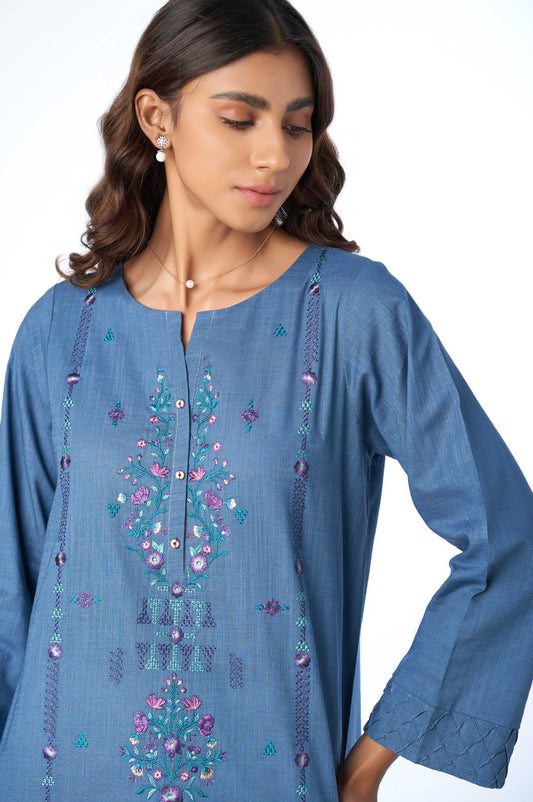 Stitched 2 Piece Cotton Slub shirt & Stripes Jacquard Dupatta