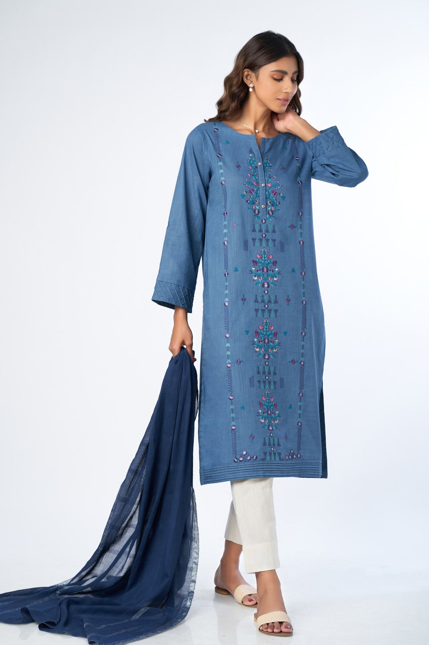 Stitched 2 Piece Cotton Slub shirt & Stripes Jacquard Dupatta