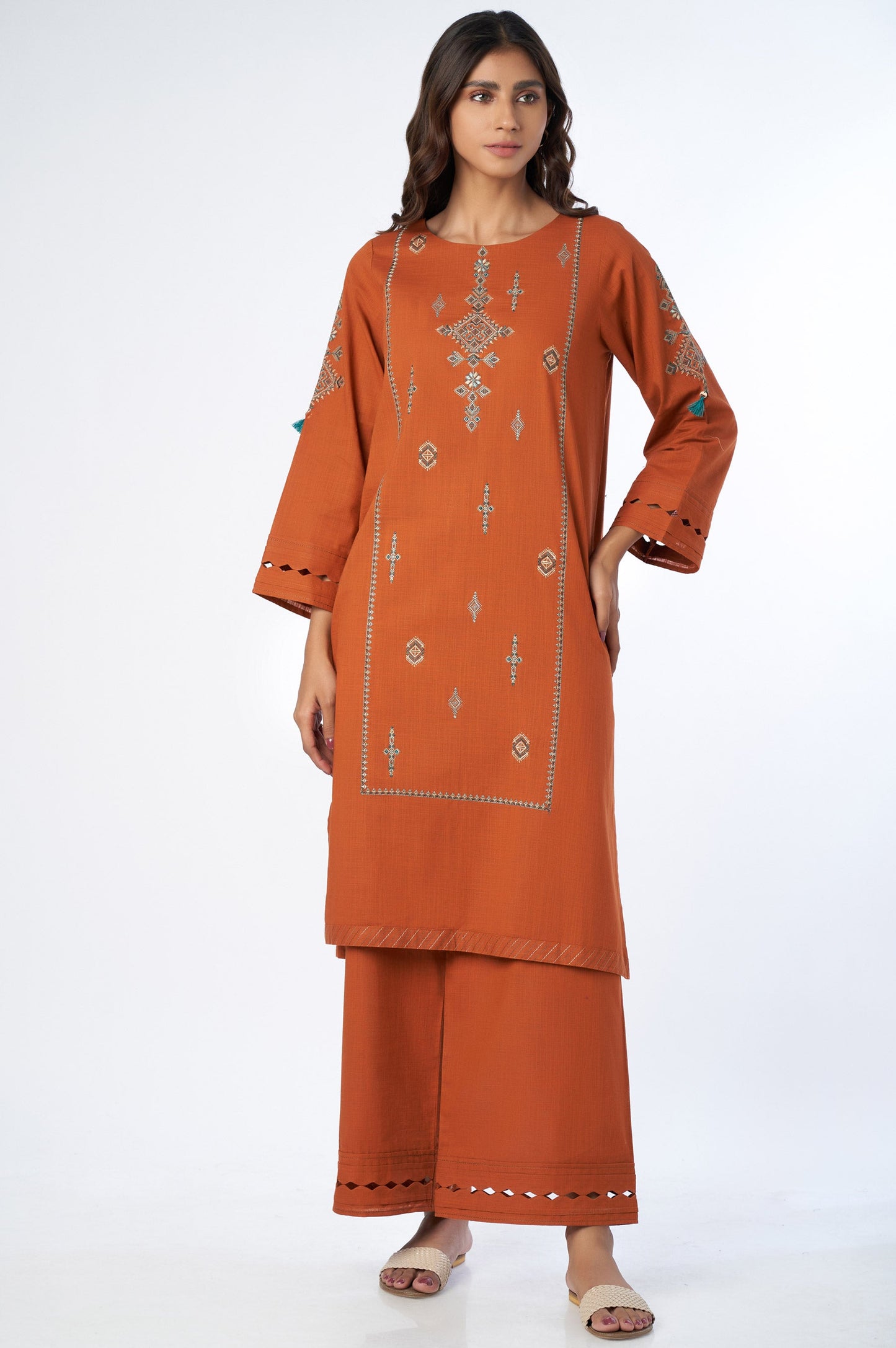 Stitched 2 Piece Embroidered Cotton Slub Suit