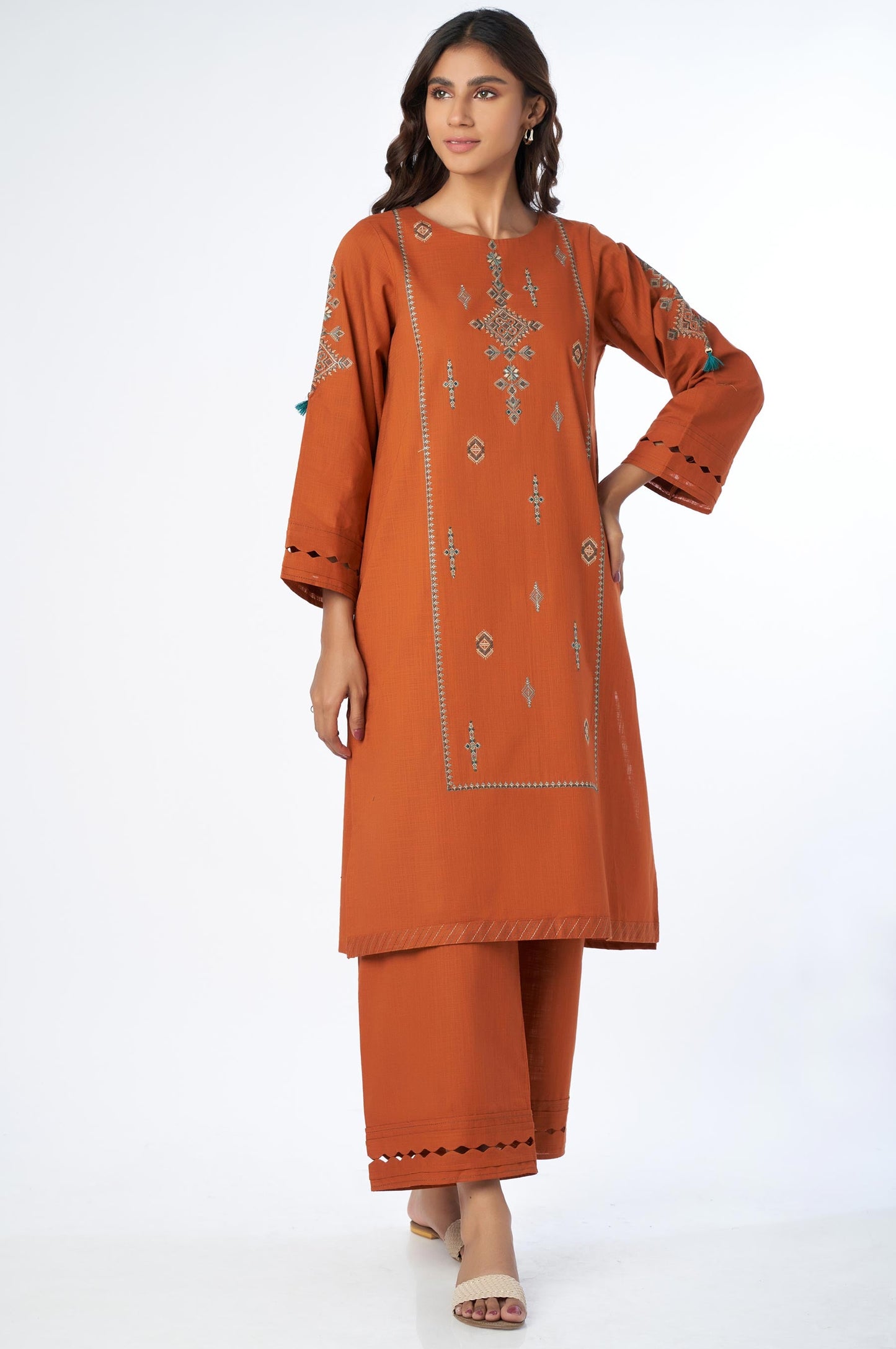 Stitched 2 Piece Embroidered Cotton Slub Suit