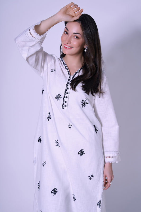 Stitched 2 Pcs Embroidered Cotton Slub Suit.