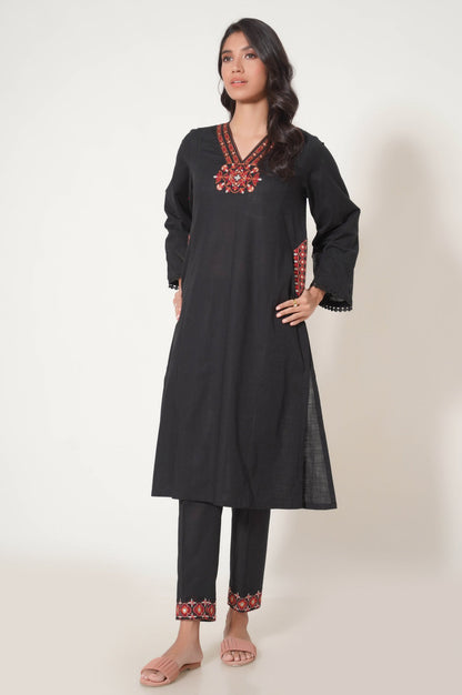 Stitched 2 Piece Embroidered Cotton Slub Suit