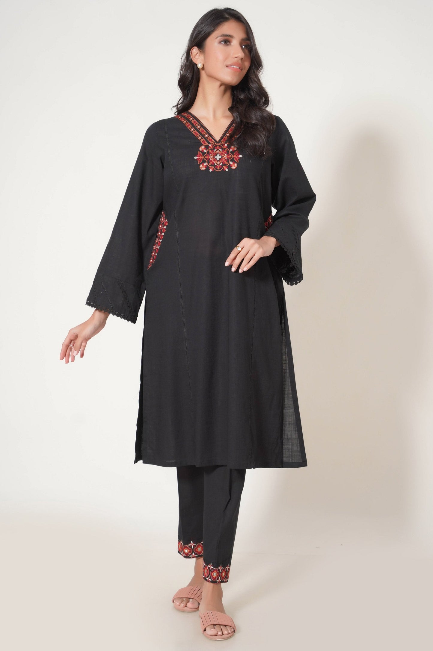 Stitched 2 Piece Embroidered Cotton Slub Suit