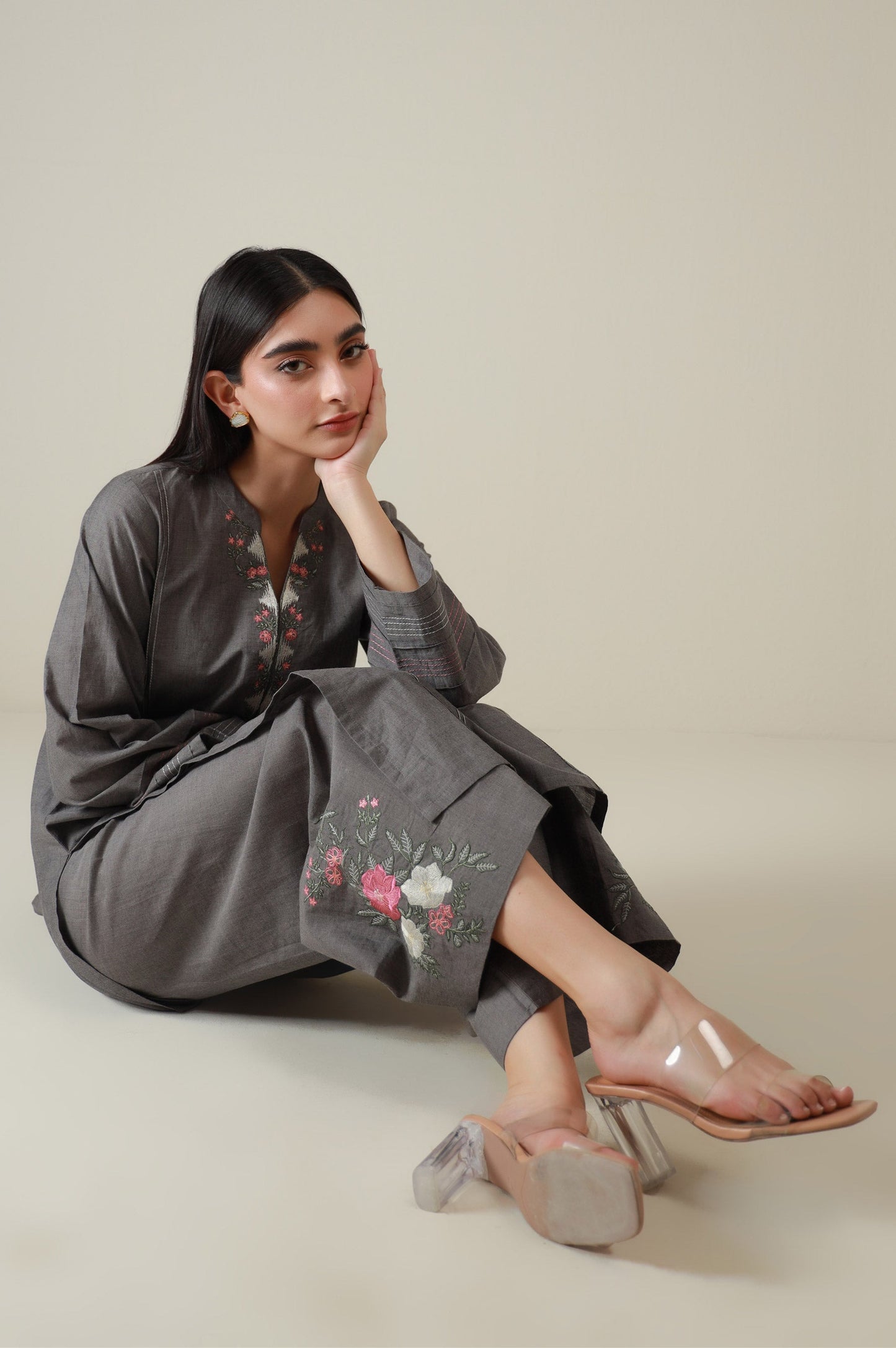 Stitched 2 Piece Embroidered Chambray Suit