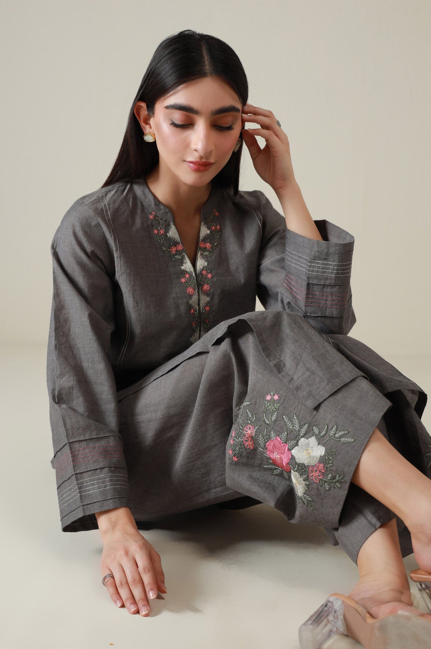 Stitched 2 Piece Embroidered Chambray Suit