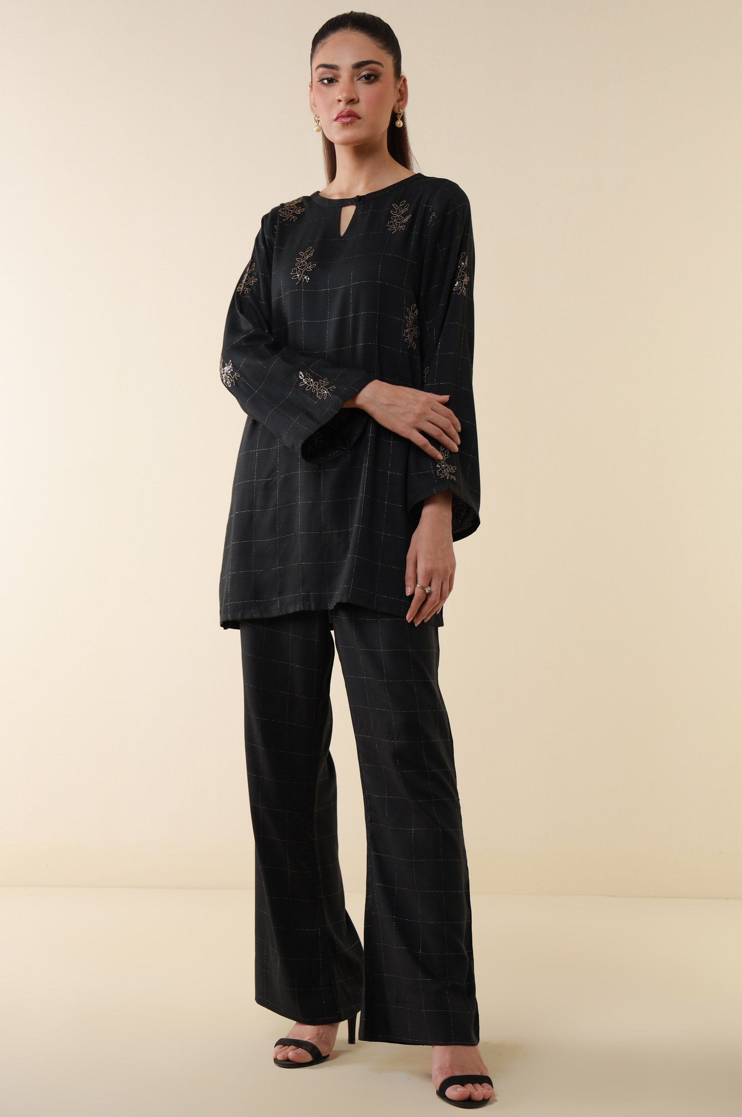 Stitched 2 Piece Embroidered Crepe Lurex Suit