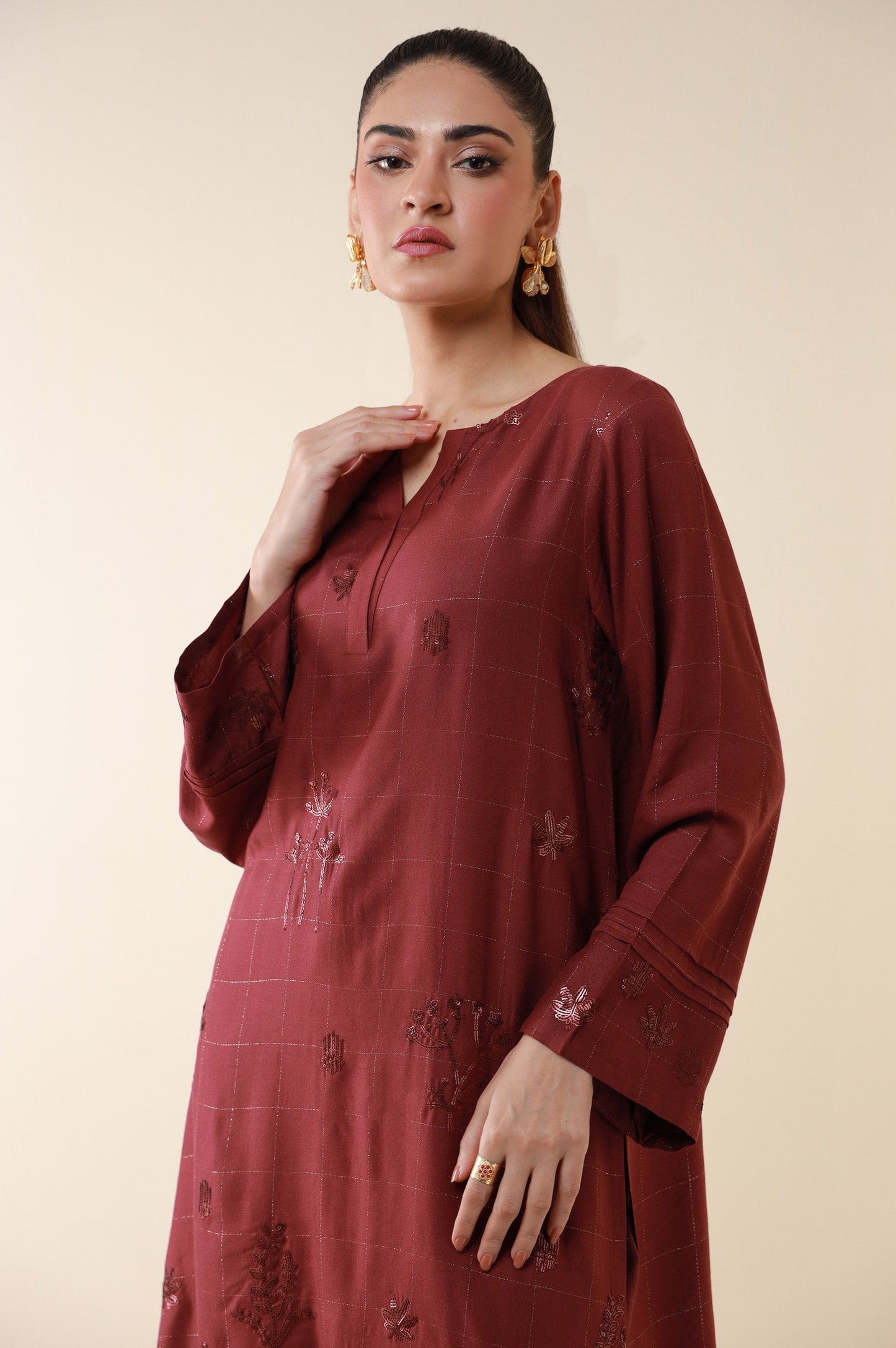 Stitched 2 Piece Embroidered Crepe Lurex Suit