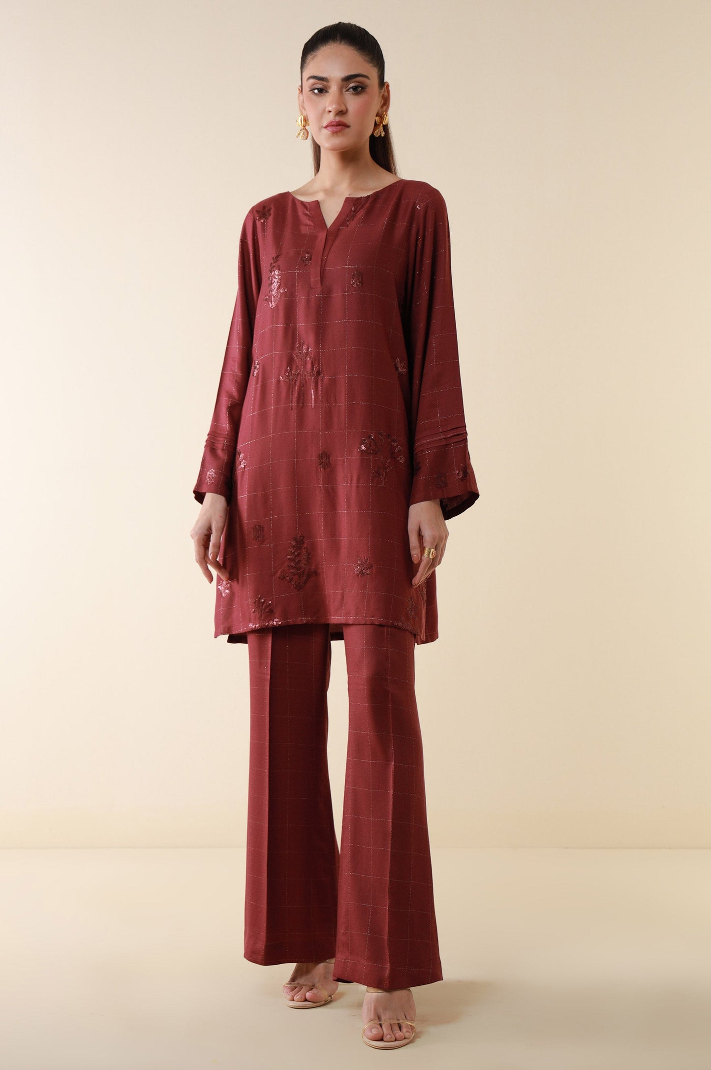 Stitched 2 Piece Embroidered Crepe Lurex Suit