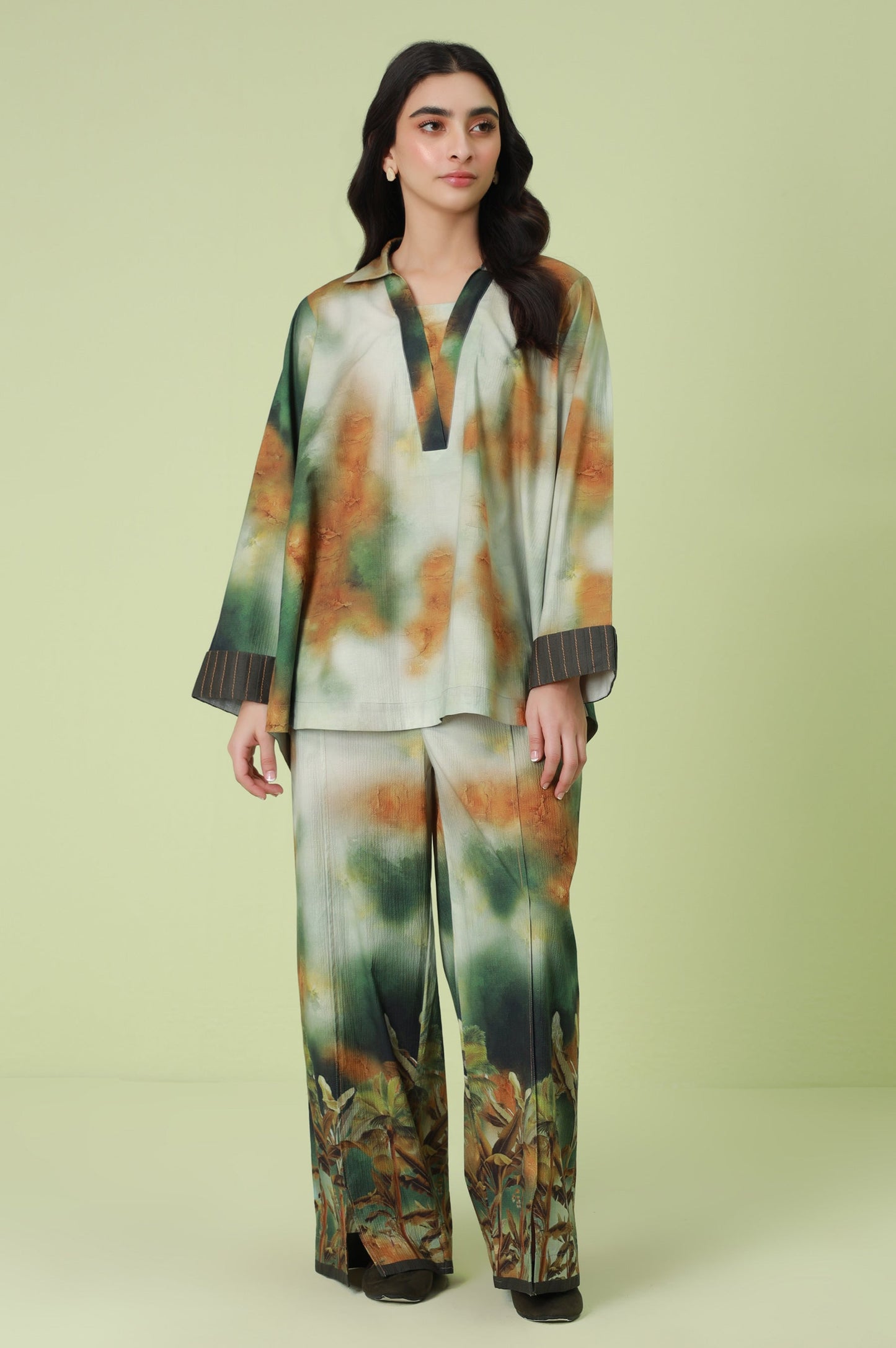 Stitched 2 Piece Digital Printed Ripple Crinkle Co-Ord Set