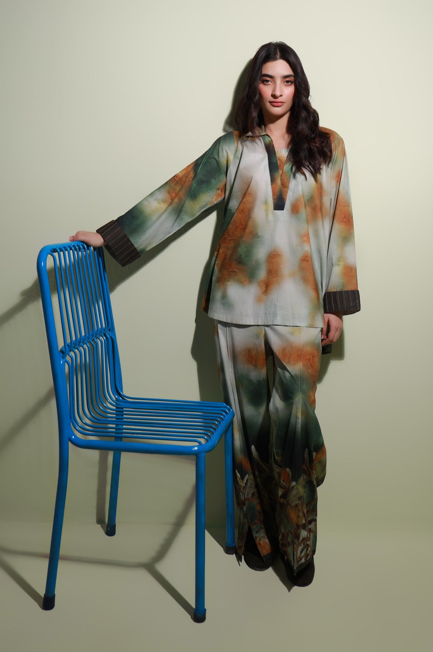 Stitched 2 Piece Digital Printed Ripple Crinkle Co-Ord Set