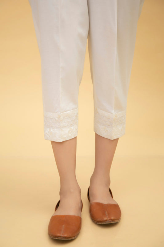Emboirdered Cambric Cigarette Pants - White