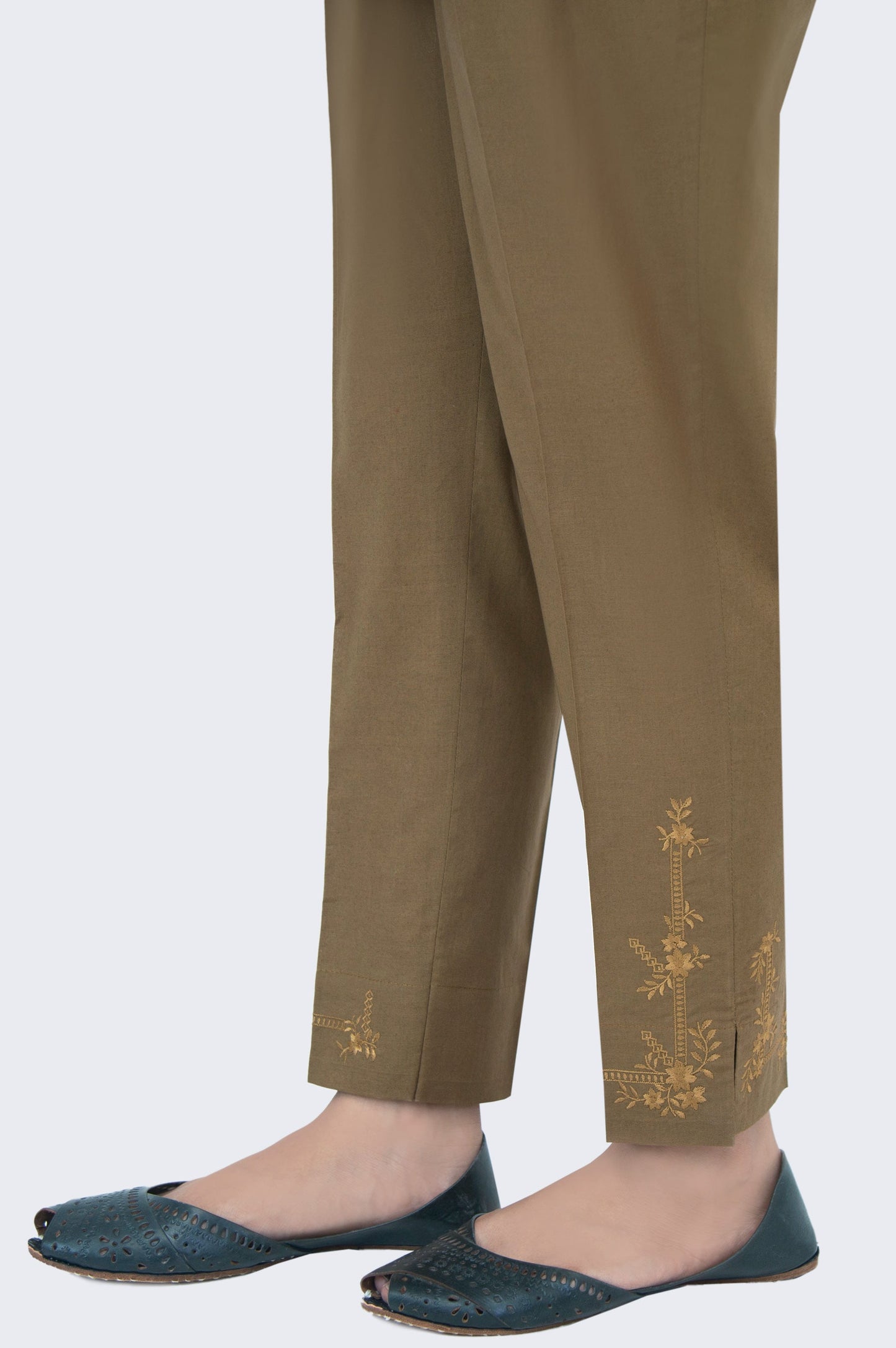 Embroidered Cambric Cigarette Pants - Olive Green