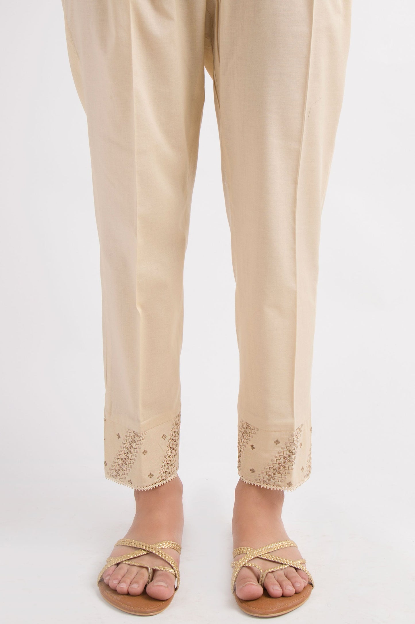 Embroidered Cambric Cigarette Pants - Beige