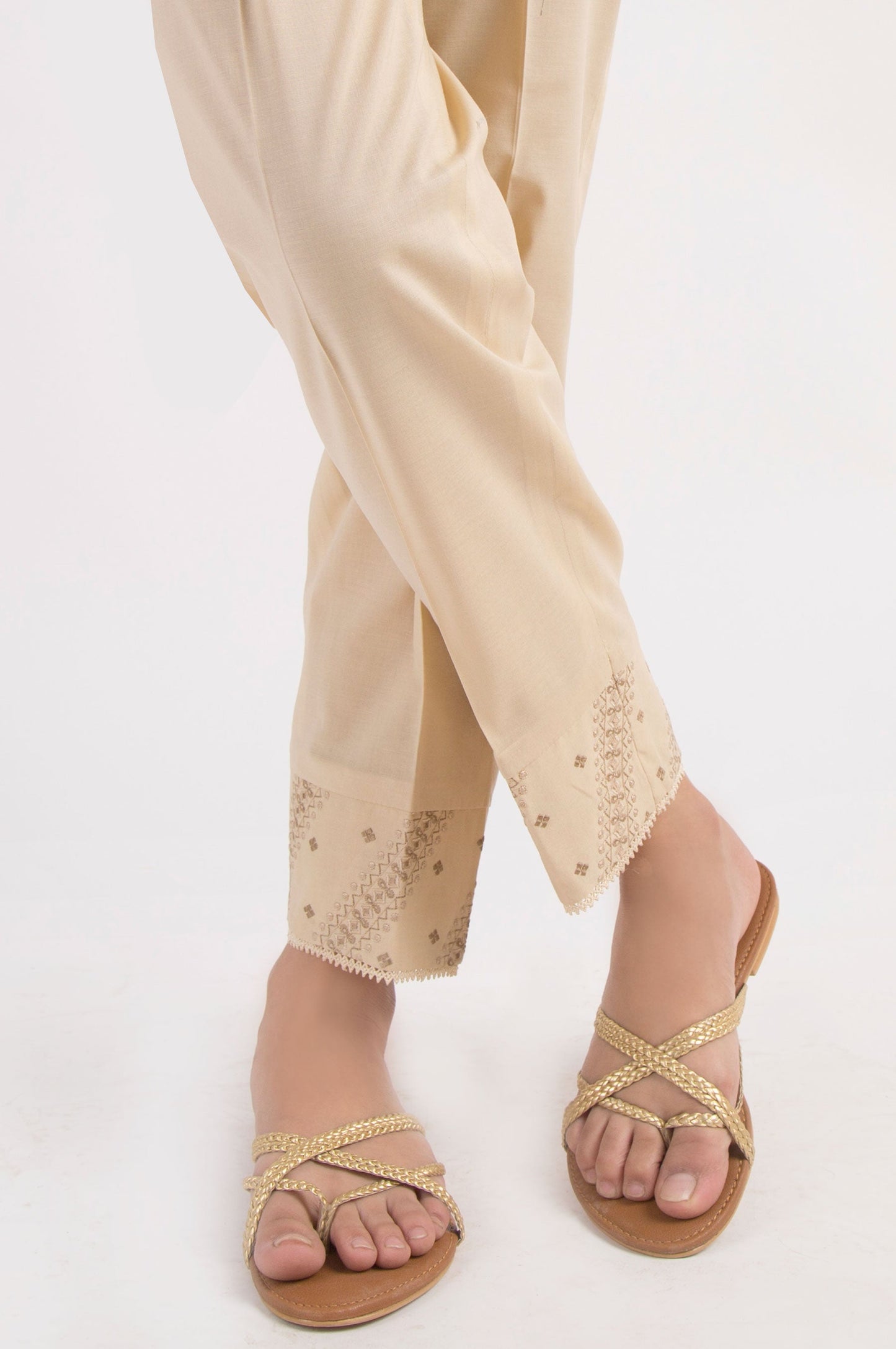 Embroidered Cambric Cigarette Pants - Beige
