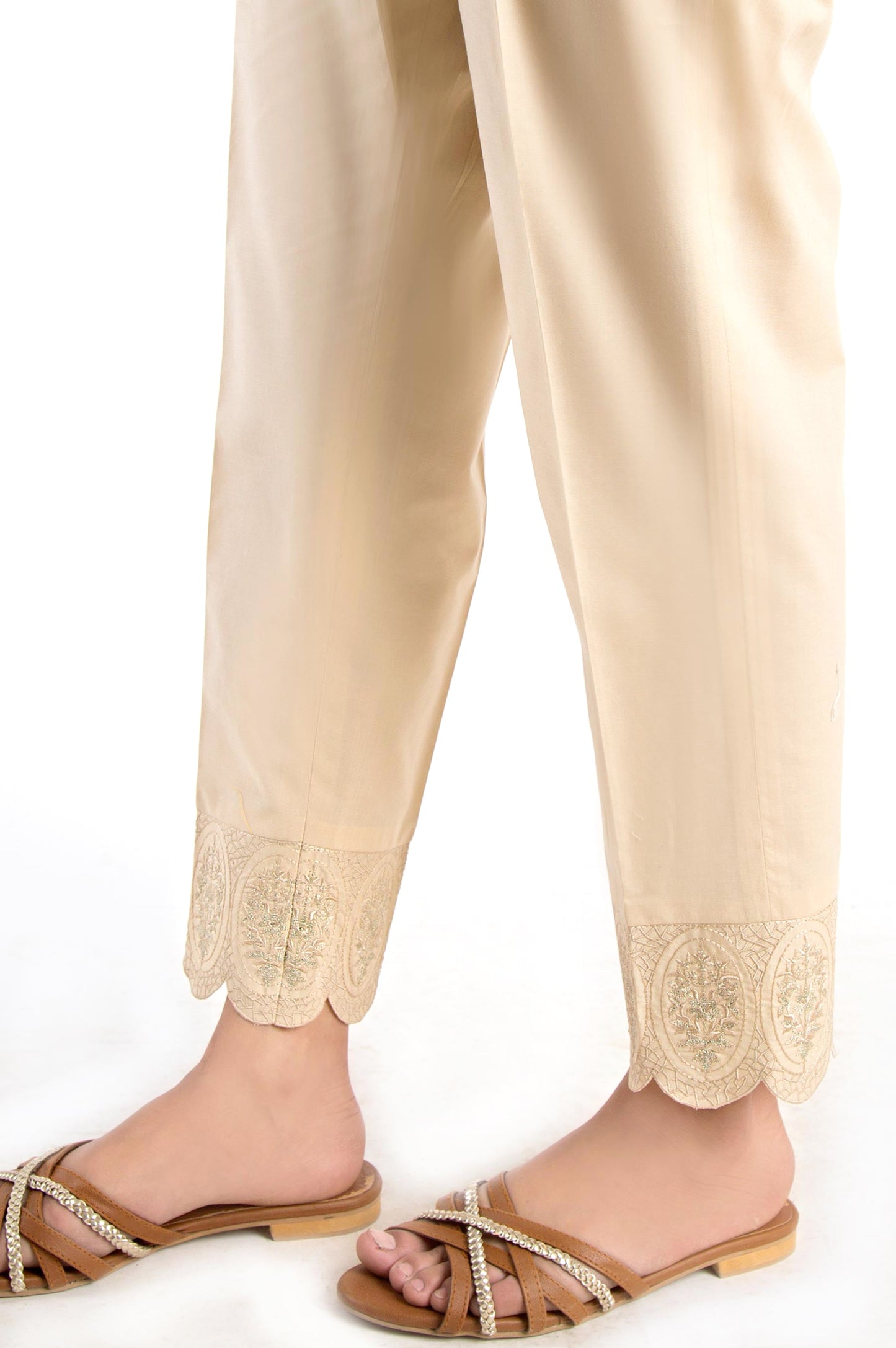 Embroidered Cigarette Pants - Beige