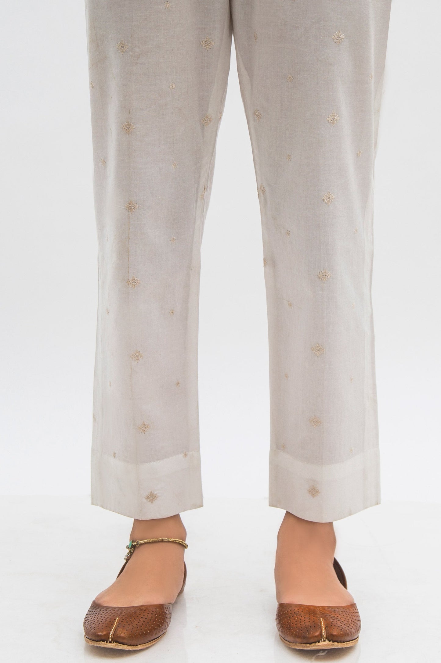 Embroidered Cotton Slub Cigarette Pants  - White