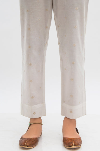 Embroidered Cotton Slub Cigarette Pants  - White