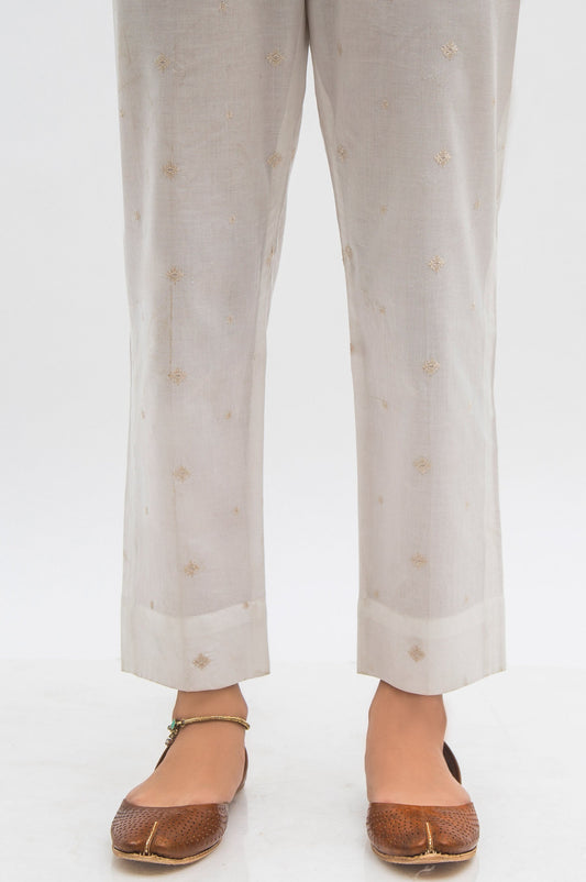 Embroidered Cotton Slub Cigarette Pants  - White