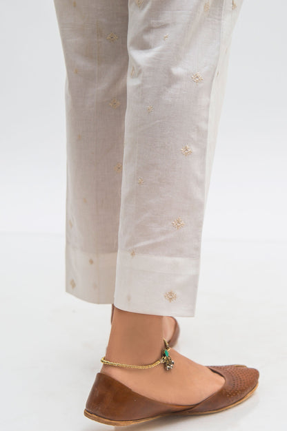 Embroidered Cotton Slub Cigarette Pants  - White