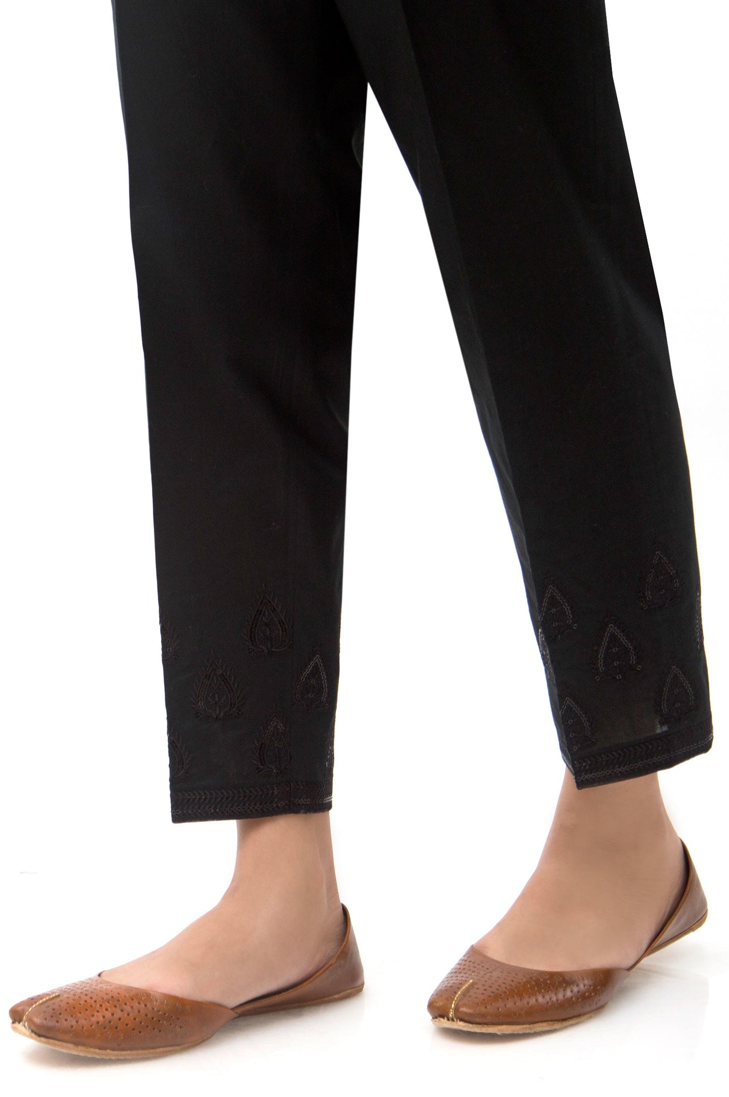 Embroidered Cambric Cigarette Pants  - Black